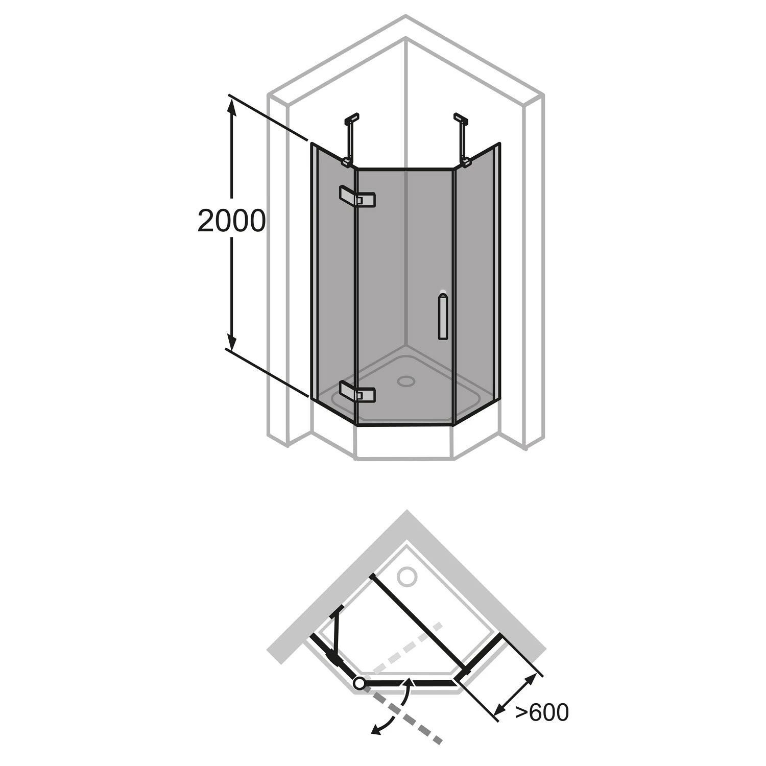 HÜPPE Solva Teilgerahmt 5-Eck Schwingtür 1-flüglig Links Mit 2x Festteil 70-123/70-123 X 200,1-220 Cm, Glas Mit Anti-Plaque 6 HÜPPE Solva Teilgerahmt 5-Eck Schwingtür 1-flüglig Links Mit 2x Festteil 70-123/70-123 X 200,1-220 Cm, Glas Mit Anti-Plaque – Bild 4
